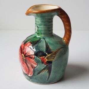 Signed Handpainted Mexican Majolica Pottery Pitcher Hummingbird Hibiscus Flower